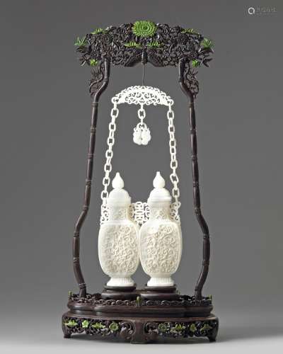 A CHINESE WHITE HARDSTONE DOUBLE VASE WITH A CARVED WOOD STAND