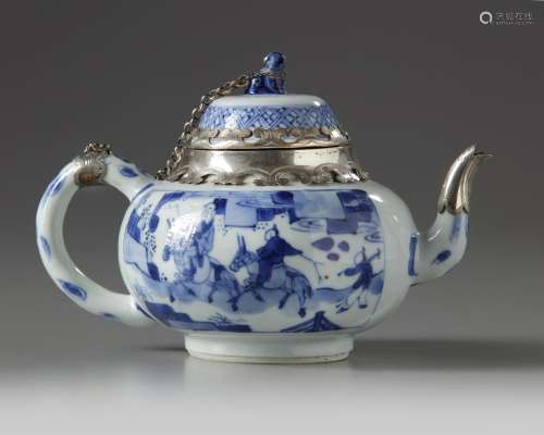 A SILVER-MOUNTED SMALL CHINESE BLUE AND WHITE TEAPOT AND COVER