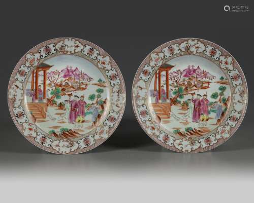 A PAIR OF CHINESE FAMILLE ROSE 'MANDARIN PATTERN' DISHES