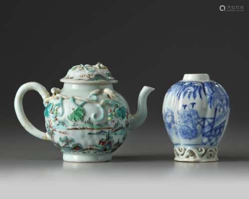 TWO CHINESE MOULDED AND APPLIQUE-DECORATED TEAWARES