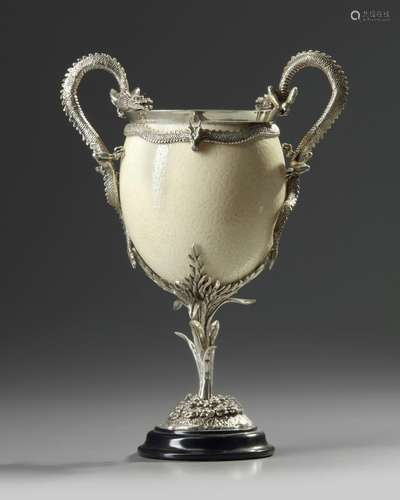 A JAPANESE SILVER-MOUNTED OSTRICH EGG CUP