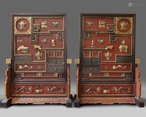 A PAIR OF EXCEPTIONAL LARGE CHINESE PRECIOUS OBJECT-INLAID SCREENS