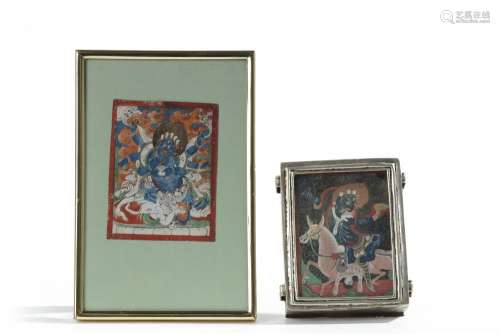 TWO MONGOLIAN INITIATION CARD PAINTINGS OF PALDEN LHAMO AND SIX-ARMED MAHAKALA, TSAGLI