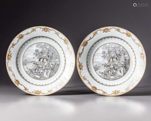 TWO CHINESE WITH EUROPEAN FIGURES DECORATED DISHES