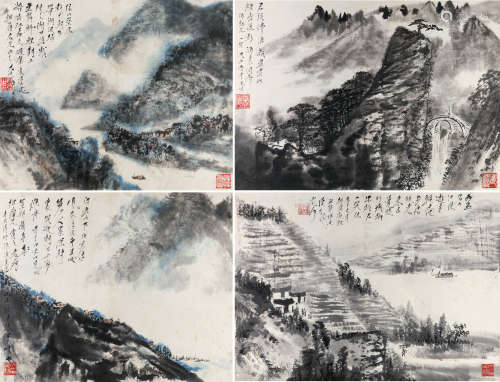 唐云 四时云山 （四件） 屏轴 设色 水墨纸本