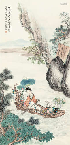 潘小雅 甲子（1924）年作 仕女泛舟 立轴 设色纸本