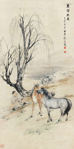 孔小瑜 壬午（1942）年作 春郊牧马 立轴 设色纸本