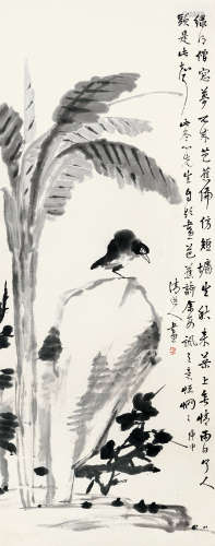 李瑞清 庚申（1920）年作 蕉石小鸟 立轴 水墨纸本