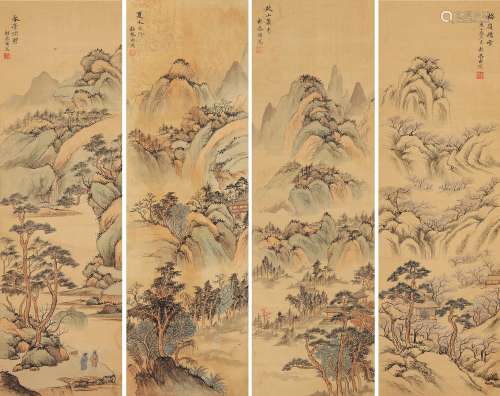 彭恭甫 庚子（1960）年作 四季山林 （四件） 屏轴 设色绢本