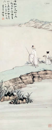 张大千 乙亥（1935）年作 云林小景 立轴 设色纸本