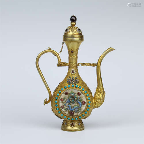 CHINESE GILT BRONZE TURQUOISE PEARL INLAID ENAMEL KETTLE