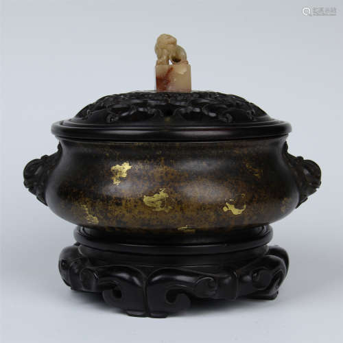 CHINESE PARTLY GILT BRONZE ROUND CENSER WITH HARDWOOD LID AND BASE