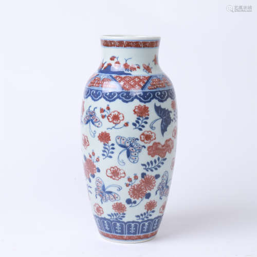 CHINESE PORCELAIN BLUE AND WHITE RED UNDER GLAZE BUTTERFLY VASE