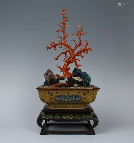 CHINESE CORAL GEM STONE ROCK BENSAI IN ENAMEL BASIN