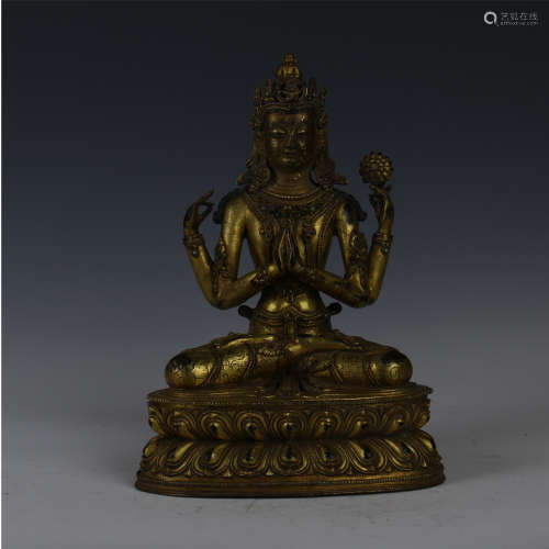 CHINESE GILT BRONZE SEATED FOUR ARM GUANYIN