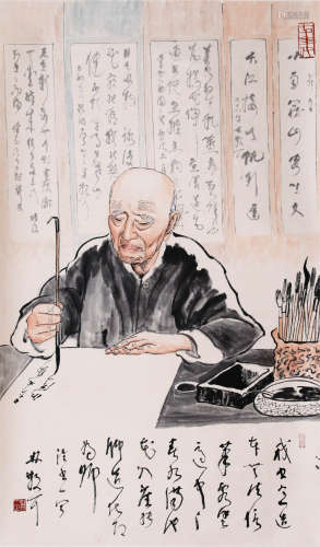 CHINESE SCROLL PAINTING OF MAN WRITING