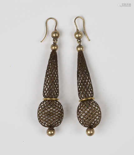 A pair of Victorian interwoven hair work pendant earrings with wire fittings, length 7.2cm.Buyer’s