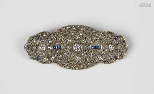 A diamond and synthetic sapphire brooch of curved panel shaped design, mounted with three