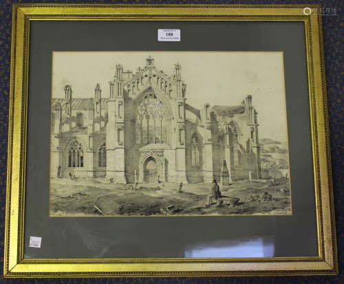 Samuel Swarbreck - 'Melrose Abbey, South View', 19th century lithograph, 27.5cm x 39cm, within a