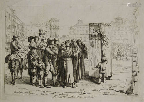 Bartolomeo Pinelli - Il Casotto dei Burattini in Roma (Commedia dell'arte Puppet Show), etching on