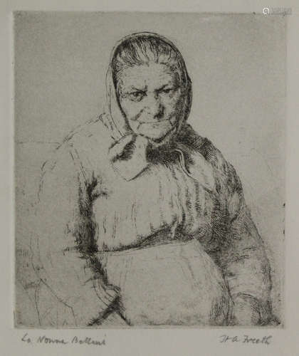 Hubert Andrew Freeth - 'La Nonna Bellini', 20th century monochrome etching on wove paper, signed and