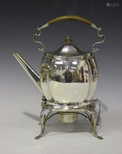 A late Victorian silver spirit kettle on stand with burner, the shaped oval body with overhead