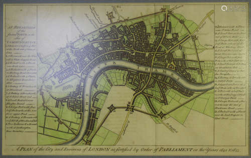 An 18th century engraving with later colour, 'A Plan of the City and Environs of London...', 19.