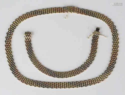 A 14ct three colour gold collar necklace and matching bracelet, each with a snap clasp, length of