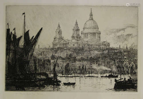 Ernest Llewellyn Hampshire - 'St. Paul's from the River' (London), early 20th century etching,