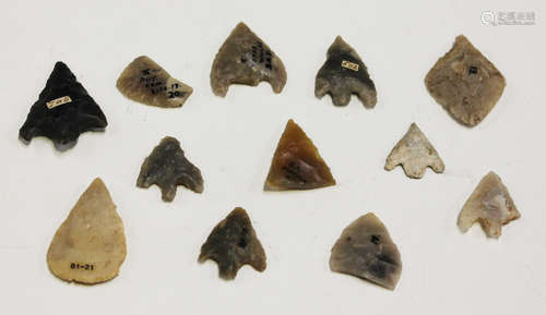 A small group of British Neolithic and Bronze Age arrowheads, including leaf and tanged examples,