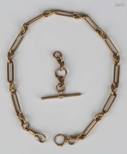 A 9ct gold bar and knot link watch Albert chain, fitted with a 9ct gold T-bar, a 9ct gold swivel and