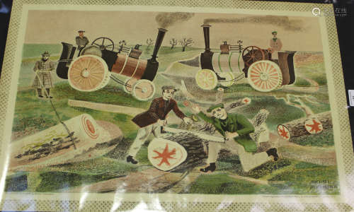 Michael Rothenstein - 'Timber Felling in Essex', colour lithograph, printed by the Baynard Press and