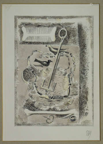 Paul Nash - Tokens (from Urne Buriall), 20th century lithograph with hand-colouring, signed in