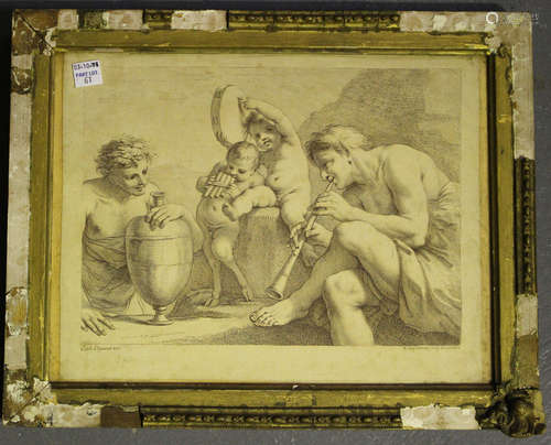 Francesco Bartolozzi, after Carlo Cignani - Fauns Piping, 18th century etching on laid paper,