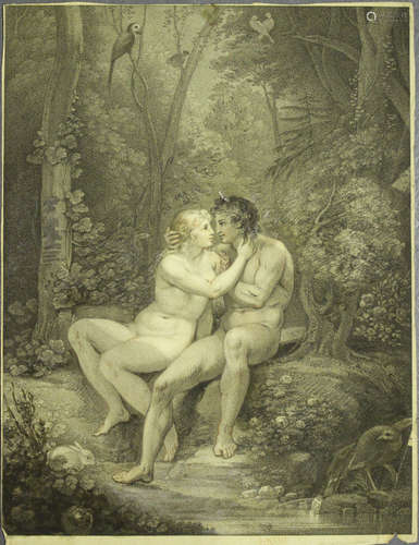 Francesco Bartolozzi - Adam and Eve, etching with stipple engraving and corrections in chalk on laid