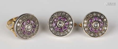 A gold, silver, ruby and diamond cluster ring, detailed '750', ring size approx N1/2, and a pair