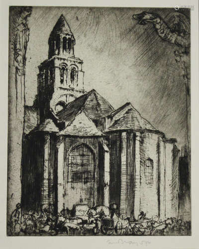 Frank Brangwyn - 'Notre Dame, Poitiers', 20th century monochrome etching on laid paper, signed in