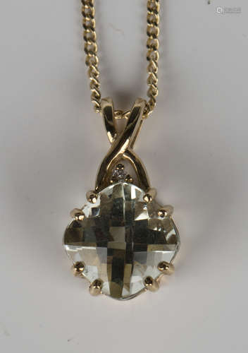 A 9ct gold, prasiolite and diamond pendant, length 2cm, with a 9ct gold neckchain on a boltring