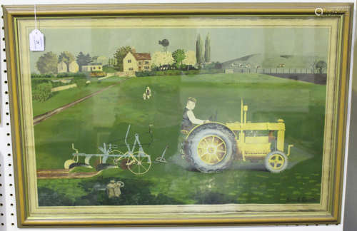 Kenneth Rowntree -Tractor in Landscape, colour lithograph, published by School Prints circa 1946,