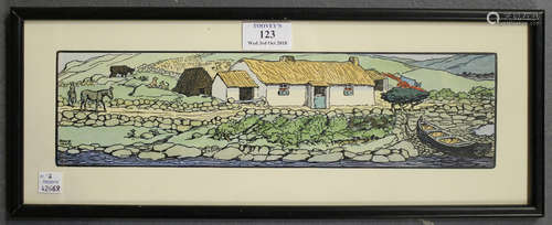 Jack Butler Yeats - The Mountain Farm, 20th century hand-coloured woodcut, published by the Cuala