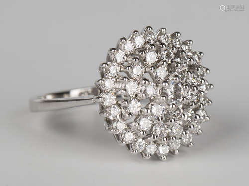 An 18ct white gold and diamond cluster ring, claw set with the principal circular cut diamond within