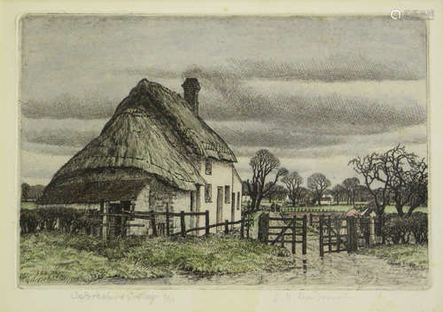 Stanley Roy Badmin - 'Oxfordshire Cottage', 20th century hand-coloured etching, signed, titled and