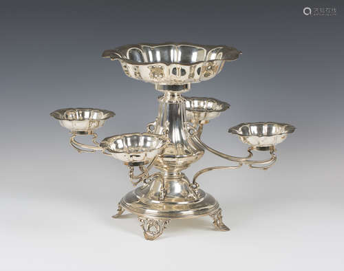 An Edwardian silver epergne, the circular lobed bowl on a tapering stem applied with four