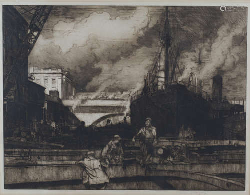 Frank Brangwyn - Ship Builders and Yard, early 20th century monochrome etching, signed in pencil,