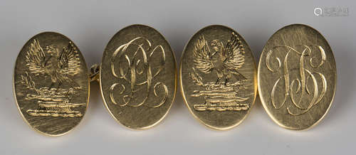 A pair of 18ct gold oval cufflinks, monogram and crest engraved, London 1934 by Stephen J. Rose,