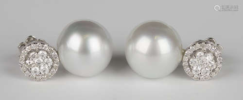 A pair of 18ct white gold, South Sea pearl and diamond earrings, each South Sea pearl with a diamond