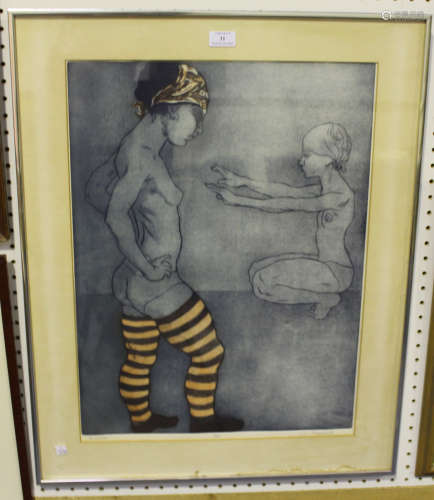 Liz Sheppard - 'Acrobats', 20th century etching with aquatint, signed, titled and editioned 15/75 in