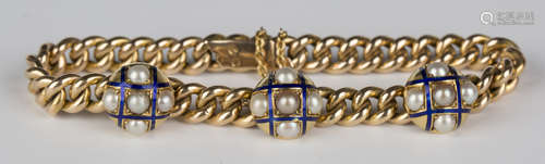 A gold hollow curblink bracelet on a snap clasp, detailed '15', later fitted with three gold, blue