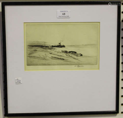 William Renison - Coastal Landscape with Steamship, early 20th century monochrome etching, signed in