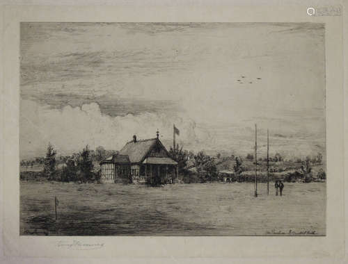 Percy Thomas - 'The Pavilion & Cricket Field', late 19th century monochrome etching, signed in